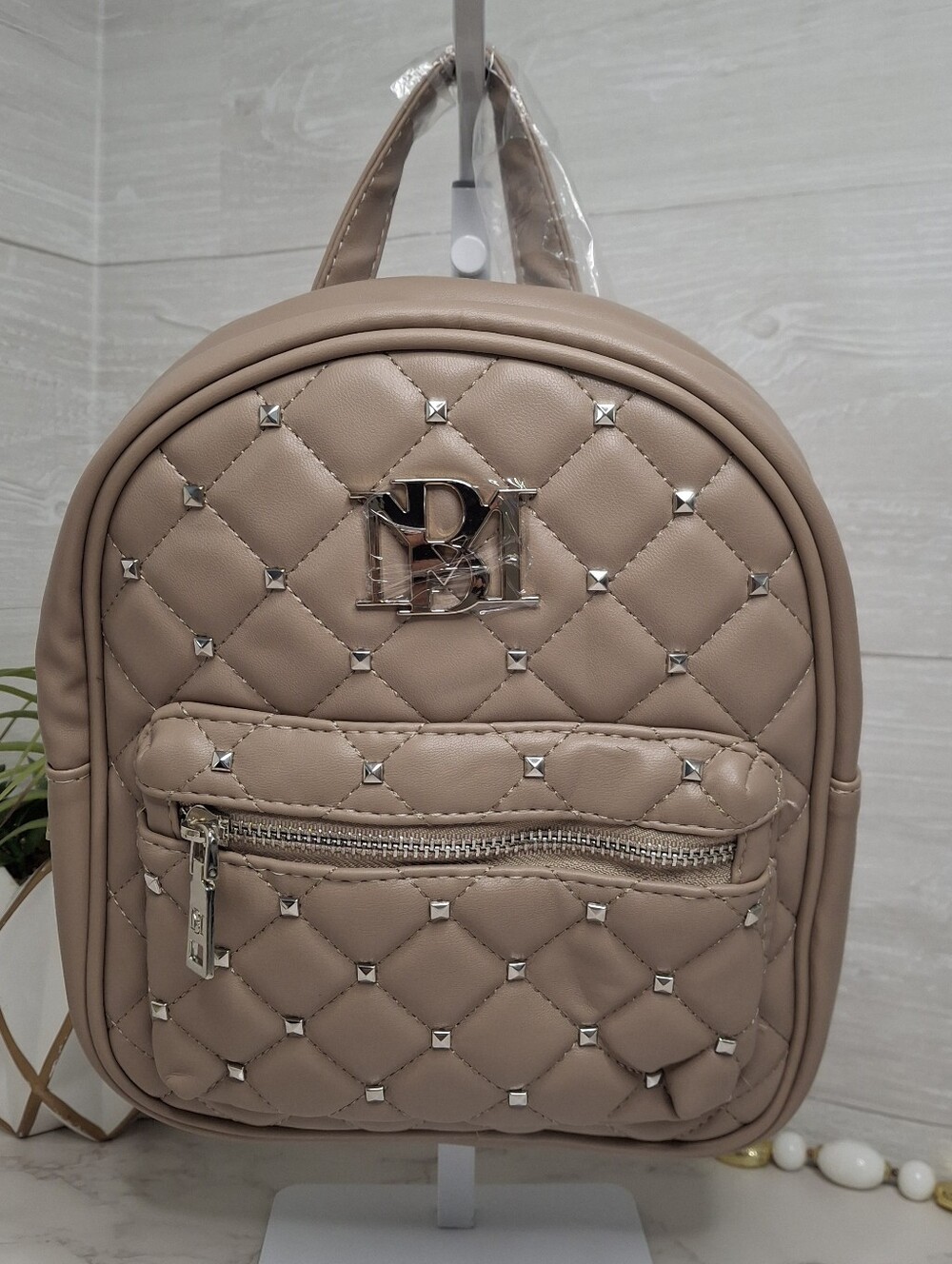 Badgley Mischka Mini Studded Quilted Backpack NWT Taupe